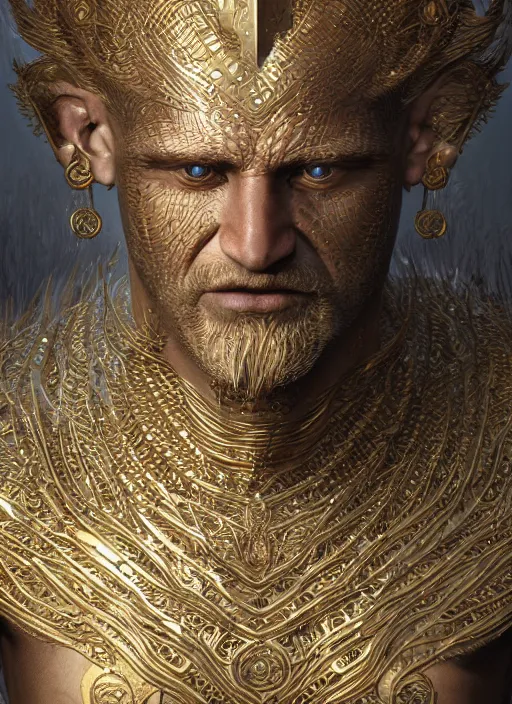 Image similar to gilgamesh, eternal, au naturel, hyper detailed, digital art, trending in artstation, cinematic lighting, studio quality, smooth render, unreal engine 5 rendered, octane rendered, art style by klimt and nixeu and ian sprigger and wlop and krenz cushart