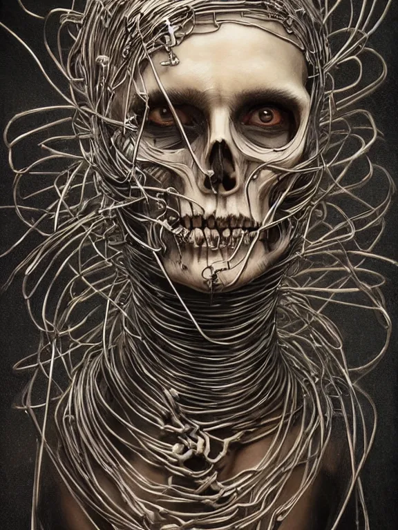 Image similar to art portrait of skeleton made of twisted steel wire ,8k,by tristan eaton,Stanley Artgermm,Tom Bagshaw,Greg Rutkowski,Carne Griffiths,trending on DeviantArt,face enhance,hyper detailed,minimalist ,full of colour,