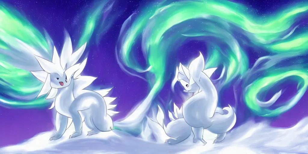 Image similar to Alolan Ninetales shiny, standing on an snowy hill with an aurora borealis in the night sky, Pokémon,