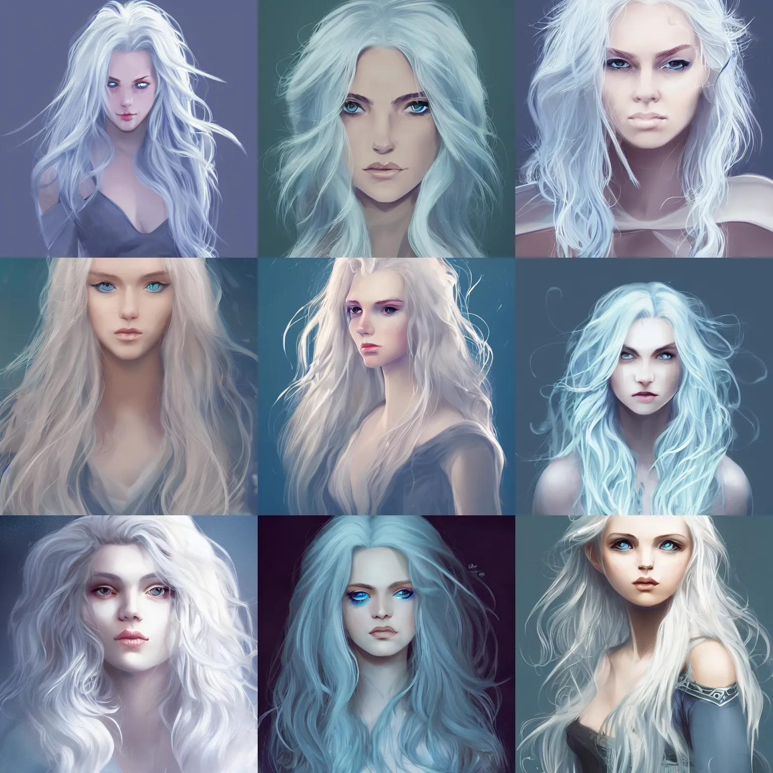 Prompt: woman, messy wavy white hair, light blue eyes, beautiful, portrait, d & d, character art, matte, sharp focus, illustration, concept art,