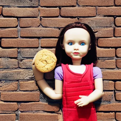 Image similar to plastic doll with giant realistic hands eating a cookie sitting on brick wall, garden background, sky, photo, hd