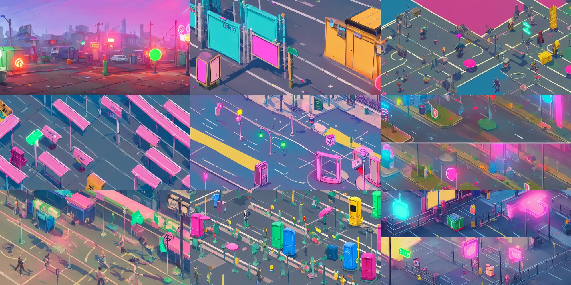 Prompt: game asset of traffic lights and kiosk and fences, trash bins, in gouache detailed paintings, props, stylized, 2 d sprites, kitbash, arcane, overwatch, blue and pink color scheme, 8 k, close up