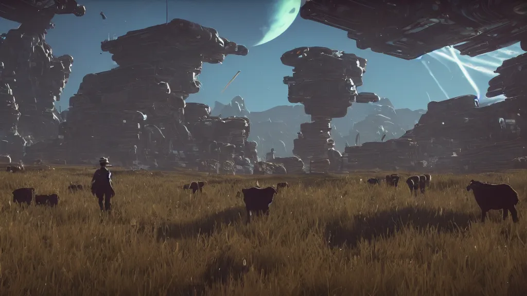 Image similar to Cyberpunk cowboys herding sheep in a No Man's Sky landscape