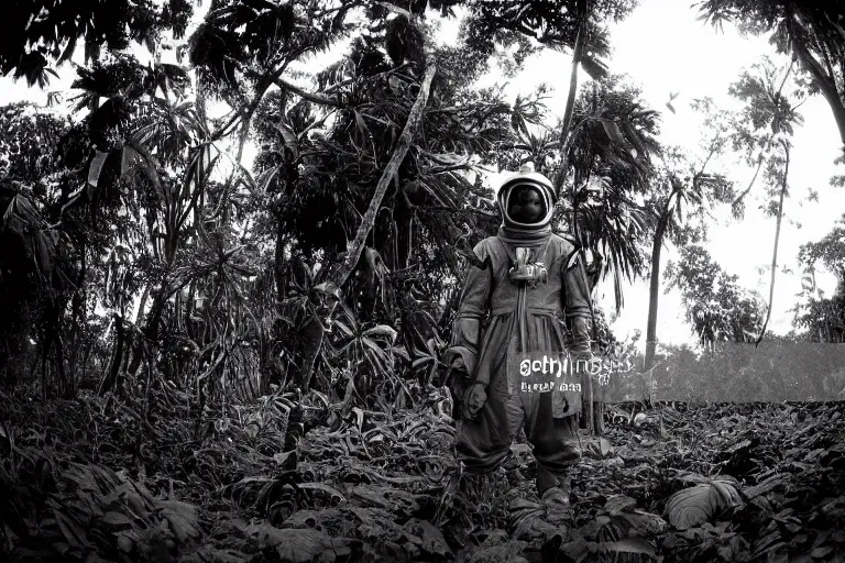 Prompt: a colonial closeup photograph of a Astronaut in a village at the river bank of Congo , Thick jungle, scary, evil looking, wide angle shot