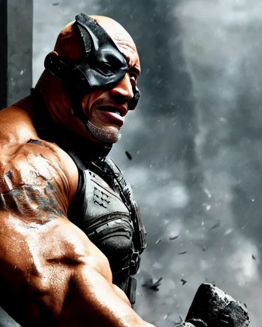 Image similar to film still close up shot of dwayne johnson as bane from the movie the dark knight rises. photographic, photography