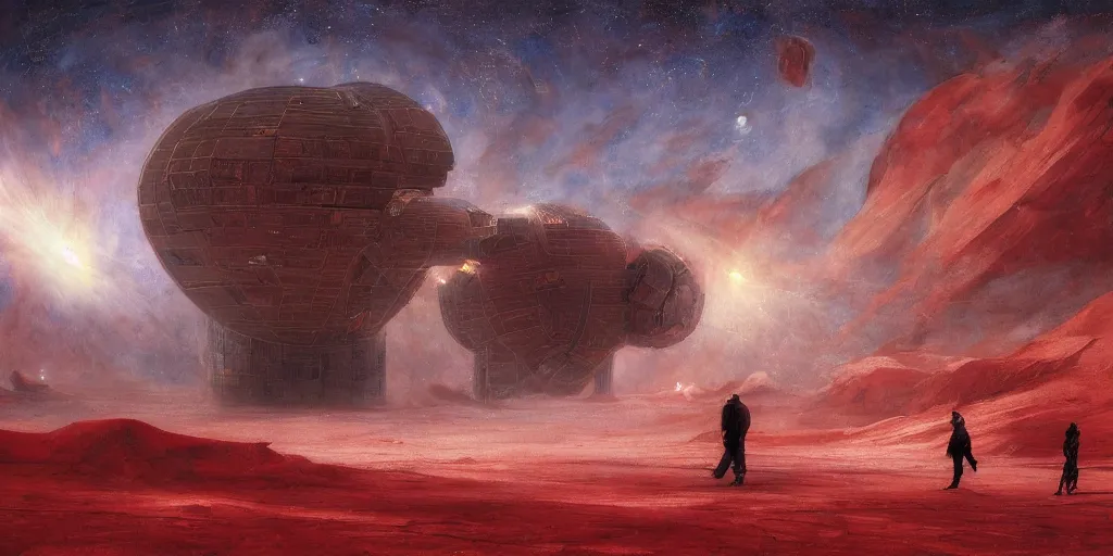 Image similar to supernova, neo brutalism space station, people wandering in the red desert, scarlet moon, dark atmosphere, tragedy, terror, stars, painted by steve mccurry, ruan jia, raymond swanland, lawrence alma tadema, zdzislaw beksinski, norman rockwell, jack kirby, tom lovell, alex malveda, greg staples