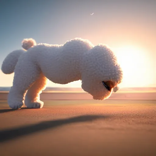 Prompt: a photorealistic image of a large knitted white bichon fetching a frisbee during sunset at the beach Trending on artstation, featured on Behance, well-rendered, Unreal Engine, 4K HD