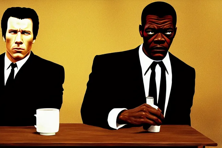 Prompt: painting pulp fiction movie highly detailed full - body samuel l jackson and john travolta posing in cafe, perfect symmetrical eyes, by david lynch, pulp fiction style, 8 k resolution, digital art, hyper realistic