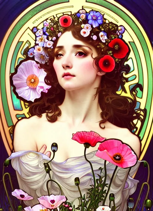 Image similar to poppy flowers, rococo and art nouveau fusion, iridescent diaphanous refractive and reflective flower bouquet, tarot card, highly detailed, deep focus, elegant, digital painting, smooth, sharp focus, illustration, ultra realistic, 8 k, art by artgerm and alphonse mucha