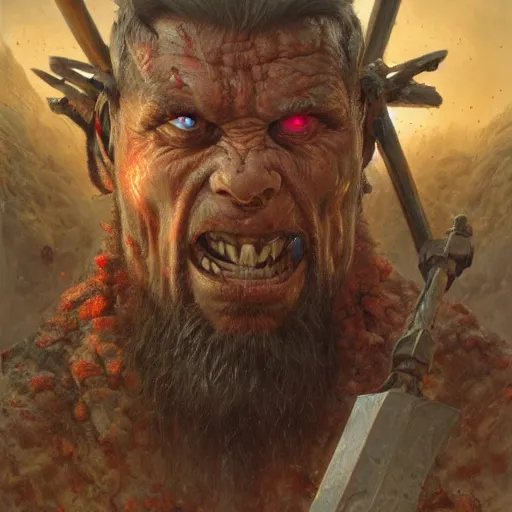 Image similar to orc warlord berserker, wielding a big hammer, stuning 3 d render, masterpiece, glowing aura, by donato giancola and greg rutkowski and wayne barlow and zdzisław beksinski, realistic face