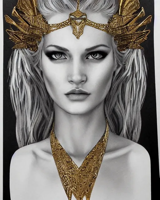 Image similar to tattoo design sketch of hot blonde super model as aphrodite greek goddess wearing a gold laurel wreath and triangle earrings, beautiful piercing gaze with sharp pupils, in the style of greg rutkowski, fantasy, amazing detail, epic, elegant, smooth, sharp focus, front view