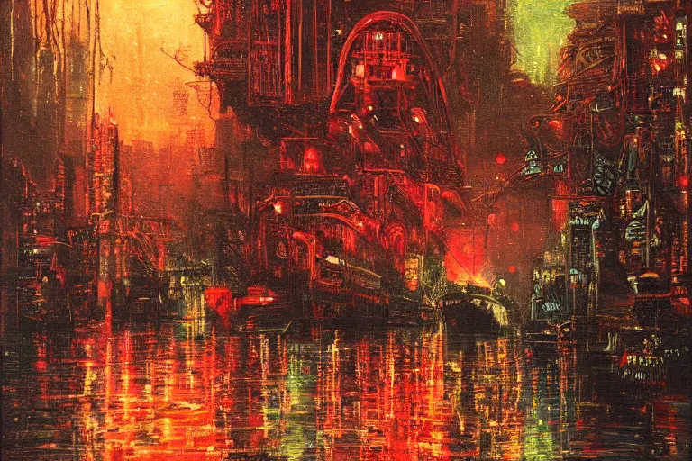 Image similar to river boats speeding between tree houses on flooded streets of new york painting, red and green palette, night lights, starry sky, by ( h. r. giger ) and paul lehr