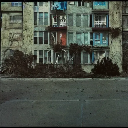 Prompt: 3 5 mm color photography, glitch, joel - peter witkin, beksinski, and stephen gammell, video still of apartment block