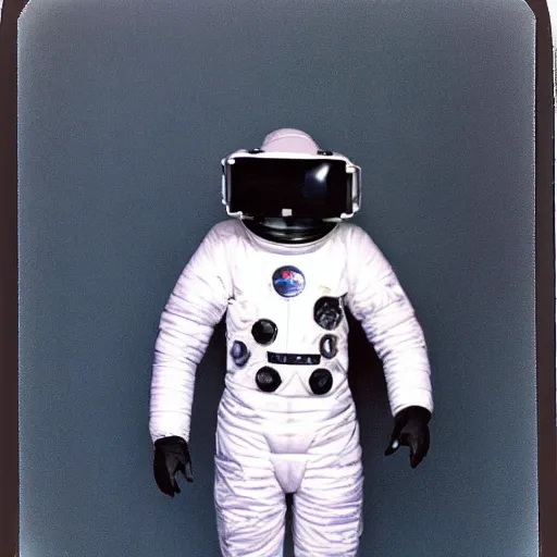 Prompt: A photo of 1980s VR spacesuit designed by US Army, scary athmosphere, dark, single vague light, Polaroid photo found in the attic