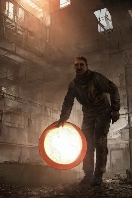 Image similar to a stalker with a detector in his hand from the game s.t.a.l.k.e.r stands next to a large translucent luminous sphere in an abandoned factory, realistic art