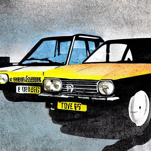 Prompt: digital art, alfred hitchcock drives through the sky with an opel ascona