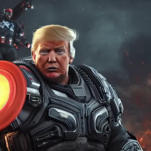 Image similar to Portrait! of President Donald Trump as ((captain america)) in Gears of War, splash art, movie still, cinematic lighting, dramatic, octane render, long lens, shallow depth of field, bokeh, anamorphic lens flare, 8k, hyper detailed, 35mm film grain