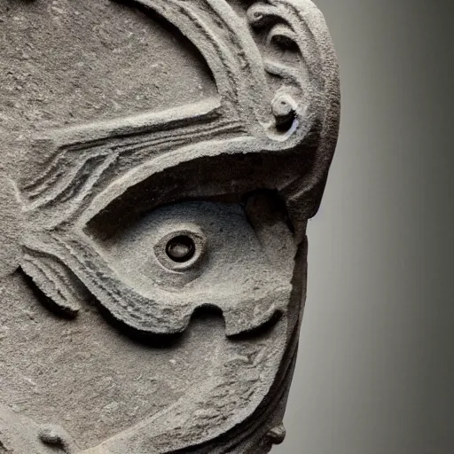 Image similar to ancient Irish, photo of stone carved statue of a dinosaur, romanesque style, in a museum room