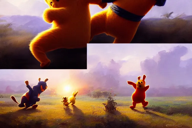 Prompt: winnie the pooh vs pikachu, fist fight, detailed faces, putin face, in battle by anders zorn, wonderful, masterpiece by greg rutkowski, beautiful cinematic light, by greg manchess, jessica rossier