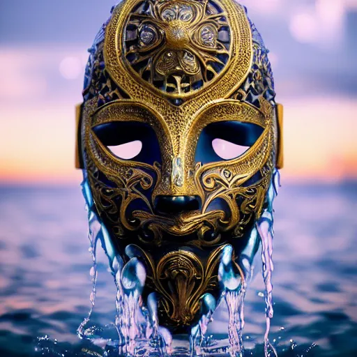 Image similar to an elaborate intricate mask made of water splashing into the waves, rendered in octane, behance hd, bokeh backdrop