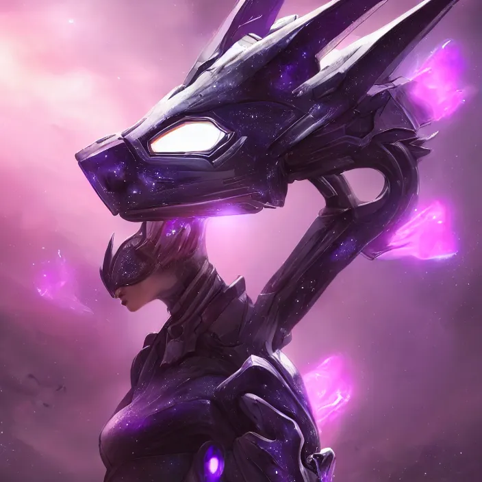 Image similar to cinematic close shot, cosmic sized proportional stunning beautiful hot female warframe, detailed robot mecha female dragon head, metal ears purple eyes, sleek silver armor, fuschia skin, floating in empty space, nebula sized, posing elegantly, epic proportions, epic size, epic scale, furry art, dragon art, giantess art, warframe fanart, furaffinity, deviantart