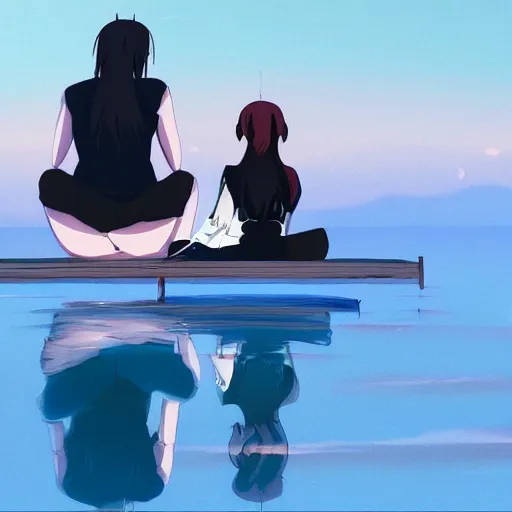 Image similar to digital anime art, girl sitting in the middle of a lake alone, in the reflection the girl is walking together with another girl by Makoto Shinkai.