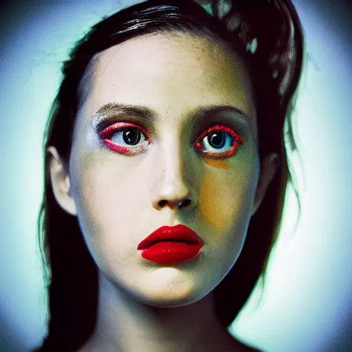 Image similar to fisheye medium format color portrait of a model with surreal style, camera flash