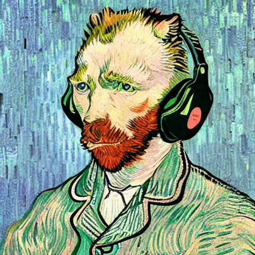 Image similar to retarded wolf portrait, van gogh style, pink headphones