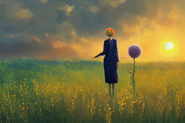 Image similar to closeup, giant thistle flower under head, a girl in a suit in field of flowers, surreal photography, sunrise, blue sky, dramatic light, impressionist painting, digital painting, artstation, simon stalenhag