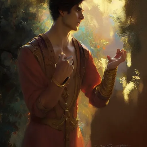 Image similar to attractive fully clothed king confesses his love for his attractive fully clothed male prince. highly detailed painting by craig mullins, tom bagshaw,