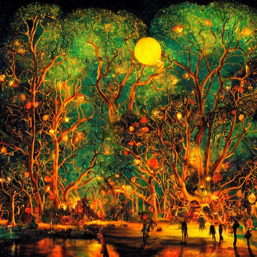 Image similar to closeup of a night carnival inside a magical tree cavity, with a surreal orange moonlight and fireworks, next to a lake with iridiscent water, christmas lights, folklore animals and people disguised as fantastic creatures in a magical forest by summer night, masterpiece painted by john watkiss, scene by night, dark night environment, refraction lights, glares