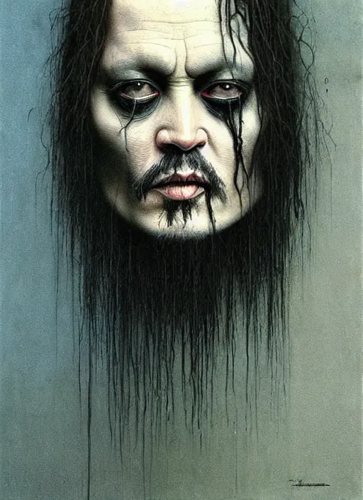 Prompt: Johnny Depp creepy character, portrait by Beksiński