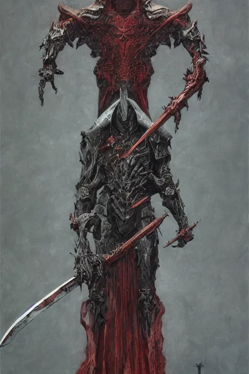 Prompt: Distorted god knight in robe with a giant reaper scythe, dark fantasy, intricate, highly detailed, smooth, artstation, painted by Wayne Barlowe, zdislav beksinski, Francis Bacon