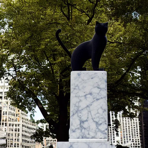 Image similar to a marble statue depicting a cat stands in the middle of new york, bokeh