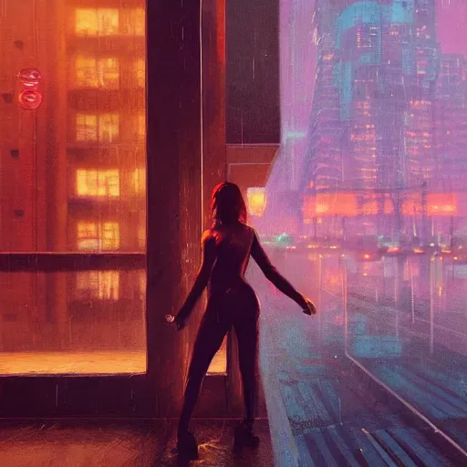 Image similar to detailed portrait of a woman, moment, cyberpunk elevated train, electronic billboards, tech noir, wet reflections, atmospheric, ambient, livia prima, greg rutkowski, edward hopper, pj crook