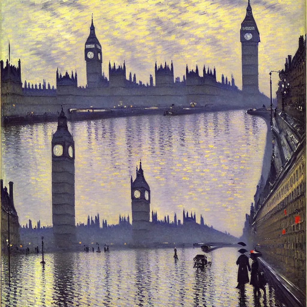 Image similar to gustave caillebotte painting of london in sunny rainy day, big ben