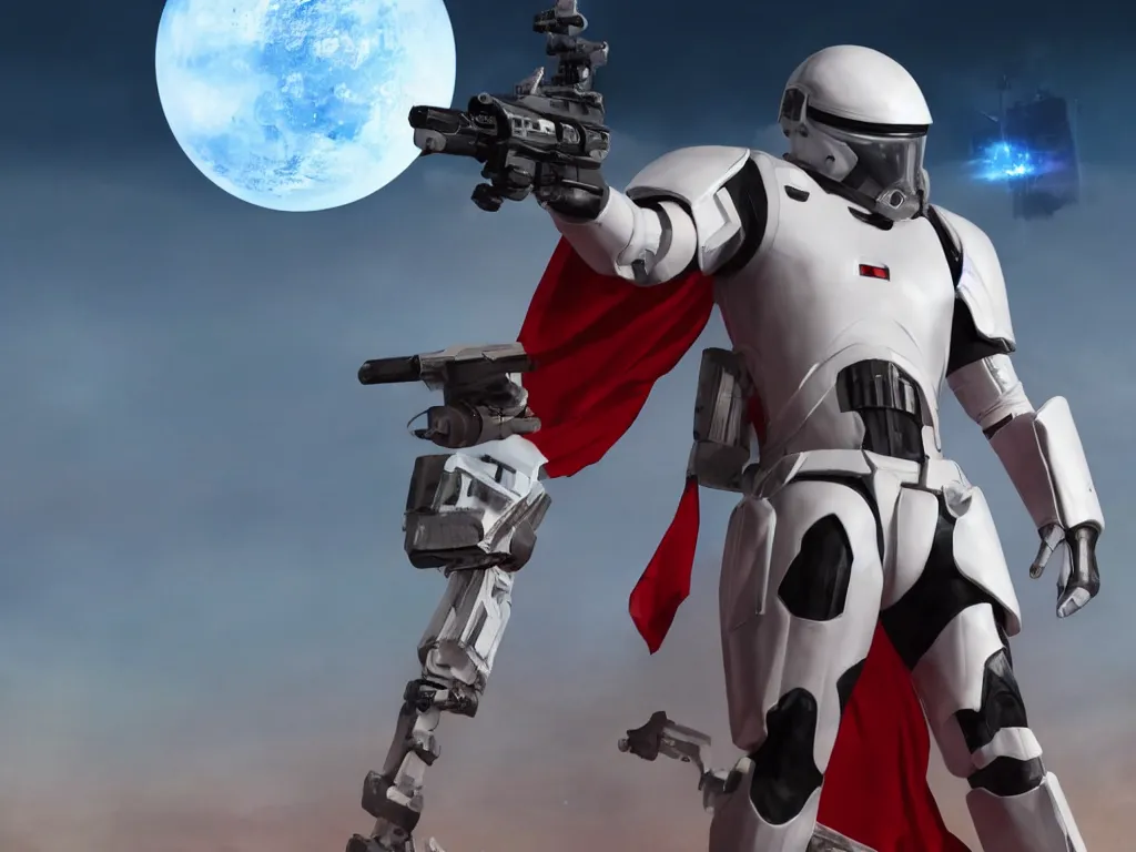 Prompt: gigachad space trooper in glossy sleek white armor with small red details, no helmet, red cape, heroic posture, firing laser rifle, on the surface of mars, explosions in the background, night time, dramatic lighting, cinematic, sci-fi, hyperrealistic, movie still