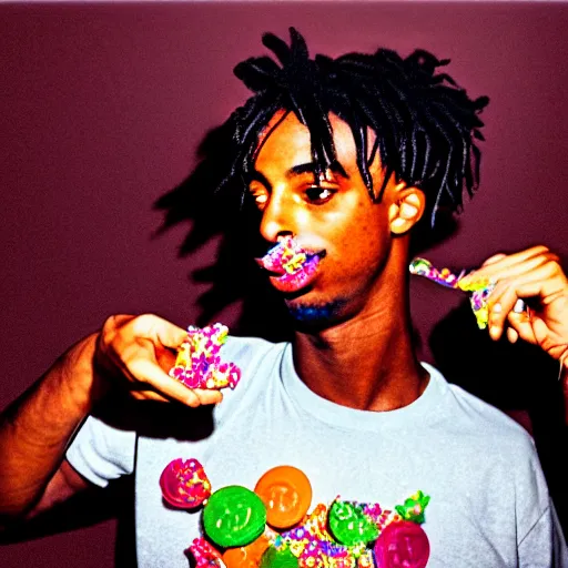 Image similar to a realistic photo of playboi carti eating fruity pebbles, film grain, vintage photo, high contrast