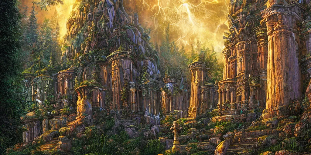 Prompt: detailed veduta of a monumental castle in a magical forest town with tall trees and statues of ancient goddesses, heroes of might and magic 3, whimsical, fairy tale, hyper realistic, volumetric lighting, sunshafts, dan mumford