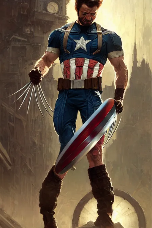 Image similar to wolverine as captain america, intricate, futuristic, fantasy, elegant, by Stanley Artgerm Lau, greg rutkowski, thomas kindkade, alphonse mucha, loish, norman Rockwell,