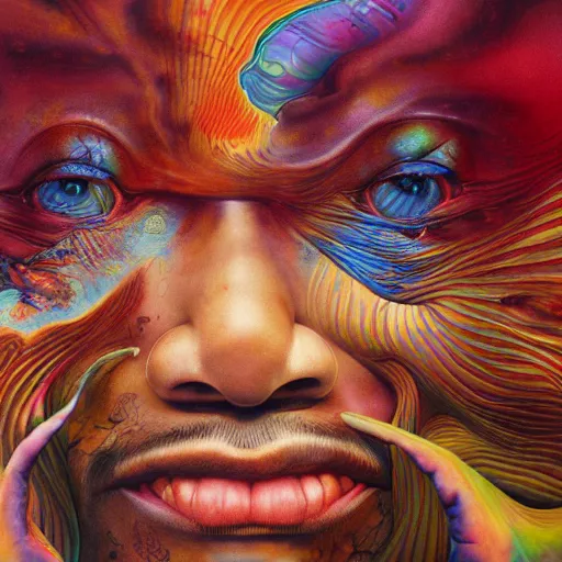 Image similar to ultrawide angle colour masterpiece surreal closeup portrait photography of jimi hendrix playing on stage by miho hirano and annie leibovitz and michael cheval, weird surreal epic psychedelic complex biomorphic 3 d fractal landscape in background by kilian eng and roger dean and salvador dali and beksinski, 8 k