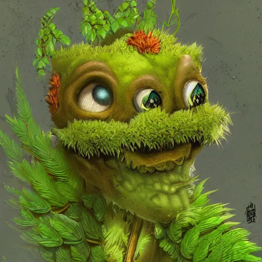 Image similar to A plant monster, highly detailed, digital art, sharp focus, trending on art station, leaves, moss, ferns, thistle