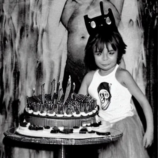 Prompt: Giger's Alien wearing a tutu at his birthday party, nostalgic 90's photo