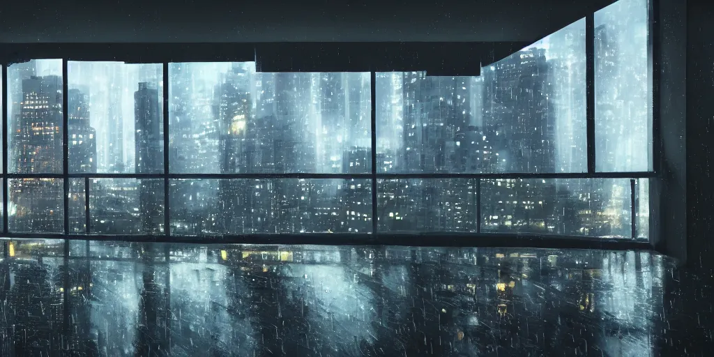 Prompt: a glass view from inside an apartment overlooking a rainy bladerunner city at night, photo realistic, high detail, volumetric lighting, dynamic lighting, 4k,hdr, artstation