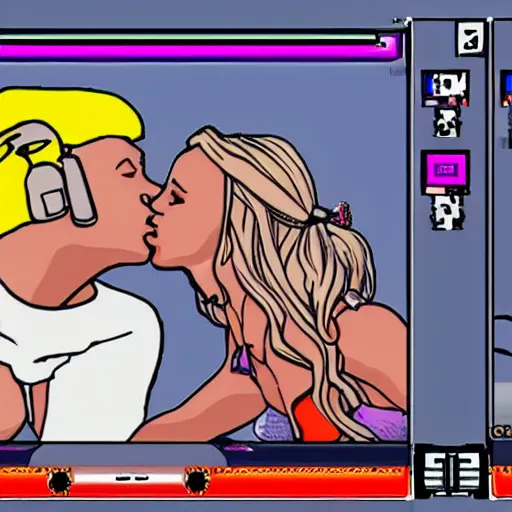 Prompt: SNES graphics playing Xbox 360 but it's a Sega Genesis making out with Britney Spears