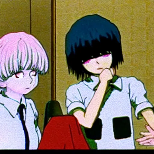 Image similar to screenshot from guro anime, 8 0's horror anime, yellowed grainy vhs footage with noise, schoolgirls trapped in a bathroom, girls are in beige sailor school uniforms, one girl has white hair, detailed expressive faces, various hair colors and styles, various ages, in the style of studio ghibli,