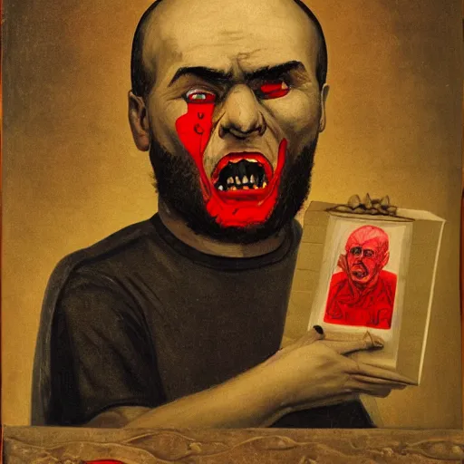 Image similar to portrait of alexander abdulov, with a red eyes, satanic body, head of old man, in blood of sinners, hellish style