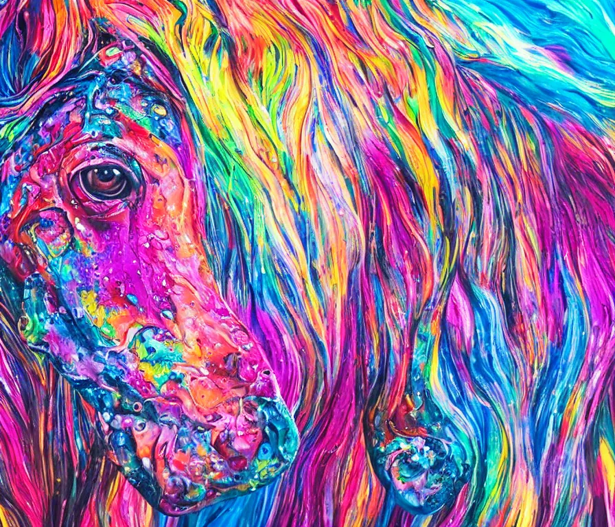 Image similar to still shot close up footage of the portrait of a horse head made of acrylic pour and coloured powder explosion and splashing paint and dripping paint and flying paint chunks, motion blur, hyperrealistic, medical, intricate art photography, anatomically correct, realistic crisp textures, 1 6 k