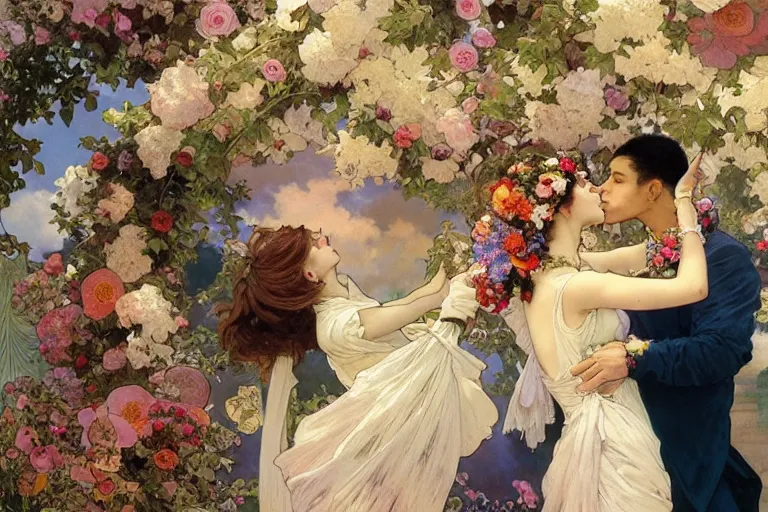 Image similar to the groom kisses the bride at a wedding full of flowers, bright and happy, dreamlike art, highly detail, 4 k realistic, wedding photoy krenz cushart. artem demura. alphonse mucha. yoji shinkawa artgerm. jon lothian. danilo torres. adi meyers. thomas reimann. gaston bussiere.