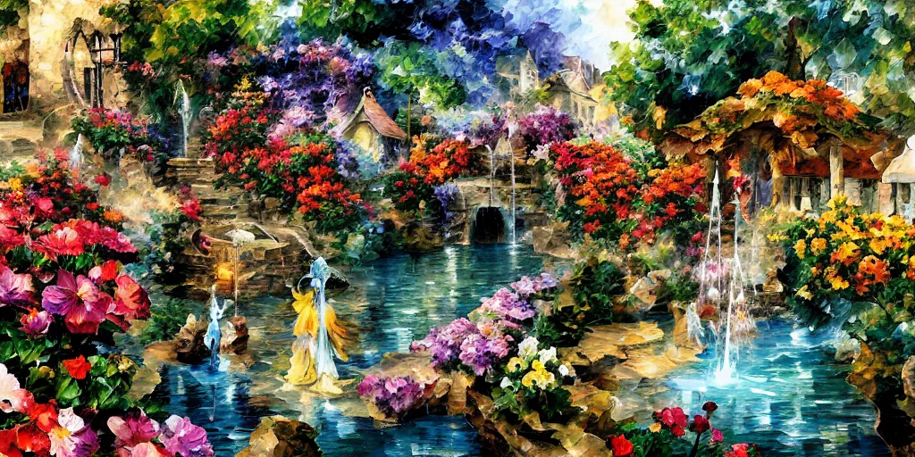 Image similar to flowers and fountains in valley village by arthur adams, charlie bowater, leonid afremov, chiho ashima, karol bak, david bates, tom chambers